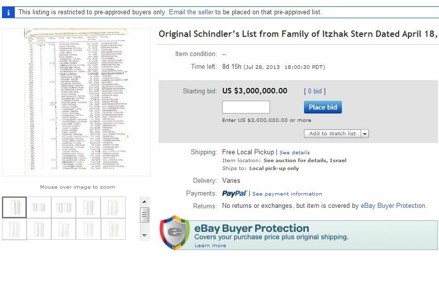 Выставленный на eBay список Шиндлера остался непроданным 