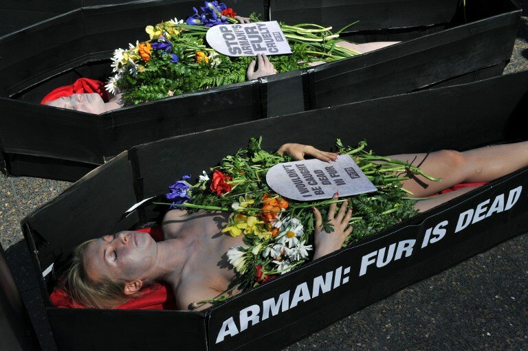 Спасая зверей от Армани активистки разделись и легли в гроб | Фото: AFP